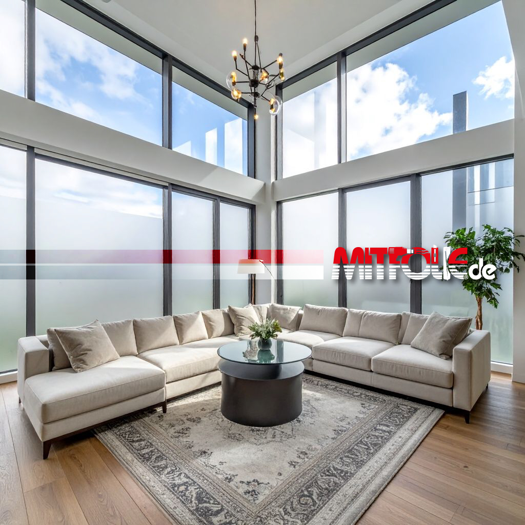 Helles Wohnzimmer mit großen Fenstern und dezenter Milchglasfolie an der unteren Fensterhälfte, modernes Interieur